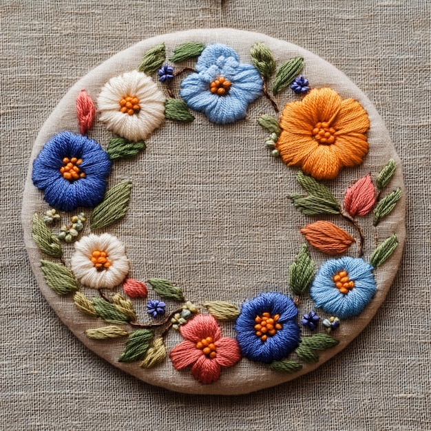 Close up of hand embroidery hoop with floral pattern